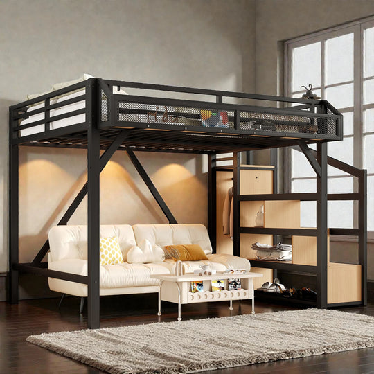 Metal Loft Bed with Storage Stairs, Built-In Wardrobe, Shelves, USB Ports, LED Lights & Noise-Reduced Frame