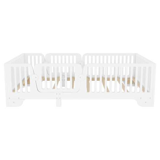 Full Size Montessori Floor Bed Frame with Safety Rails and Removable Door, Low Profile Kids Bed with Slatted Support