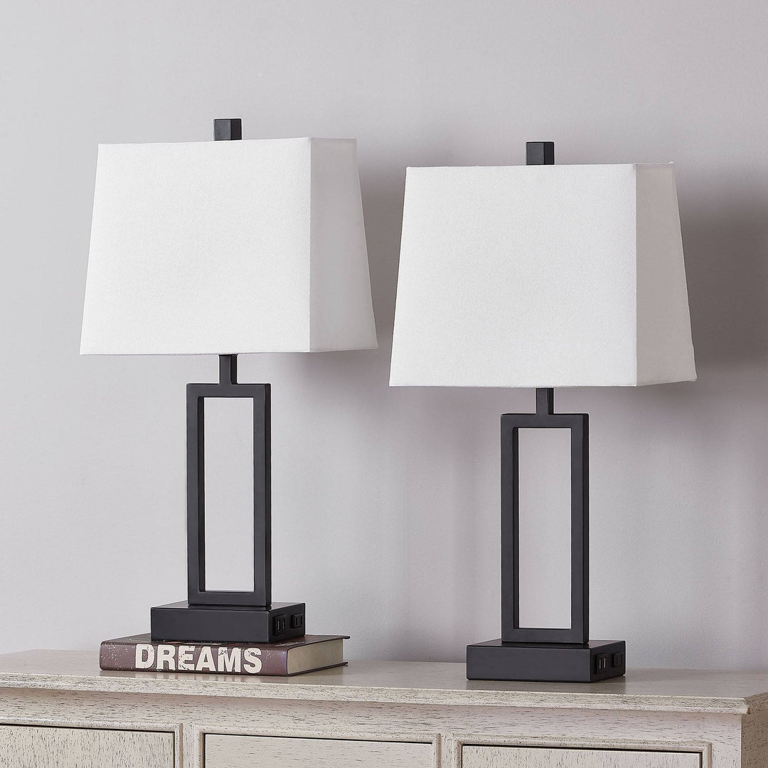Set of 2 Black Touch Control Table Lamps with White Rectangular Shades, USB Ports & AC Outlet