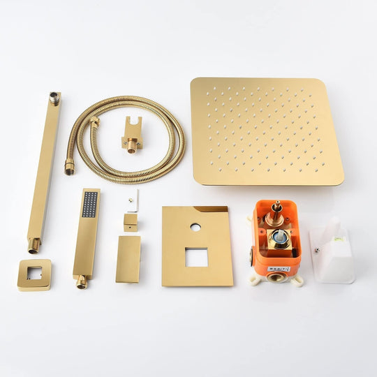 Polished Gold Wall Mount 12 Inch Rain Head 2 Way Shower Faucet with Handle Sprayer - 7'6" X 10'9"