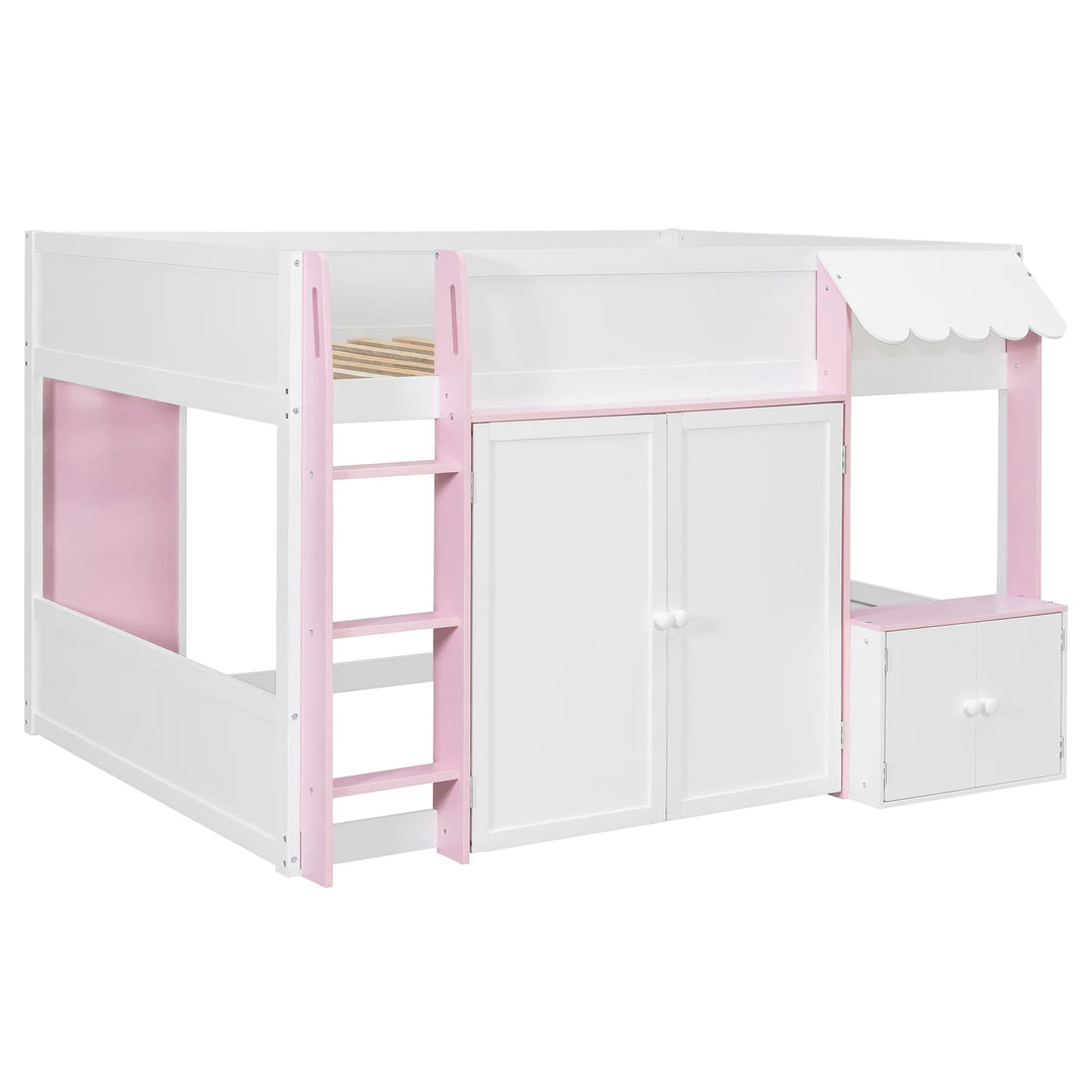 Full Loft House Bed with Playhouse Storage Modern Wood Cabin Bed for Kids