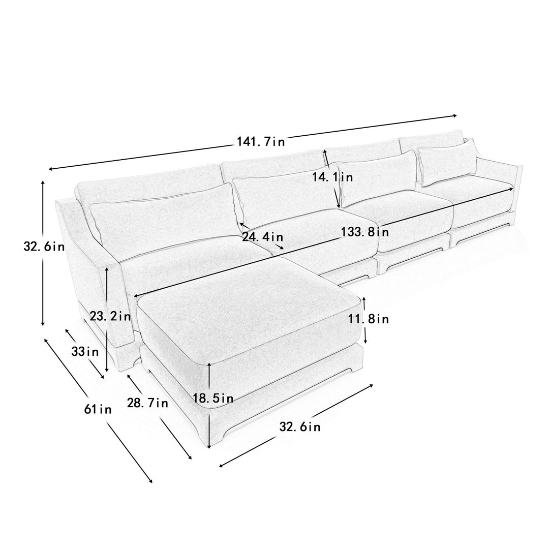 Modern Chenille 4-Seater Sofa with 2 Ottoman, Lumbar Cushions, Ergonomic Backrest, High-Resilience Spongeand Tufted Armrests