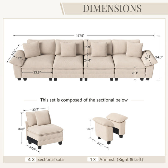 Cloud Modular Deep Seat Sofa, Chenille or Corduroy Sectional Couch with Removable Arms, 1–4 Seater