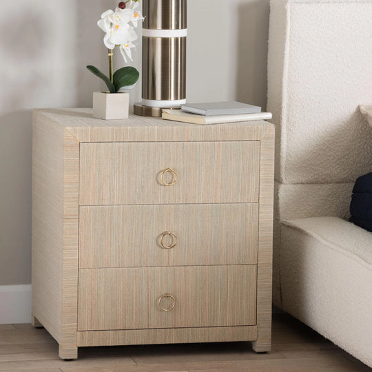 Quinn Bohemian Woven Natural Grasscloth 3-Drawer Nightstand