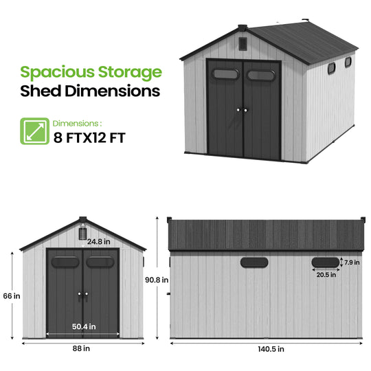 8X8/8X10/8X12 FT All-Weather Outdoor Resin Lockable Storage Shed with Windows Floor for Patio Furniture and Tools