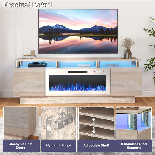 70" Modern Electric Fireplace TV Stand, with Electronic Flame and LED Lights, High Gloss Finish Entertainment Center