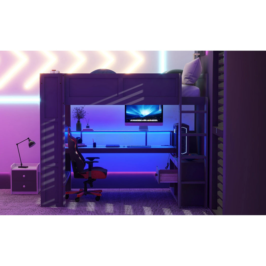 Full Size Gaming Loft Bed with Desk, Multi-Storage Shelves, LED and Charging Station, Dark Design