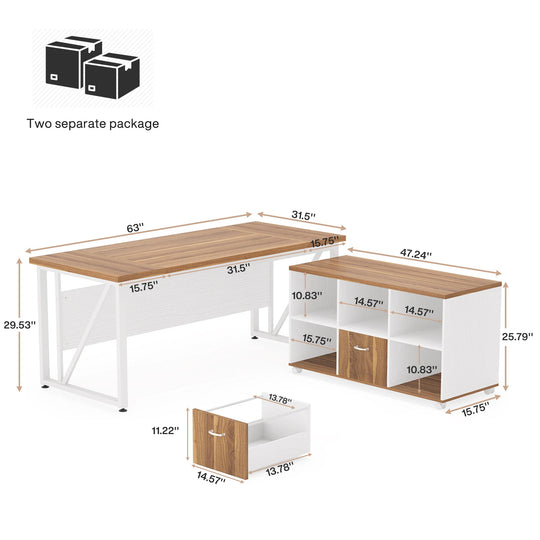 63" L-Shaped Computer Desk with 47 Inches Lateral File Cabinet, Executive Desk Home Office Furniture Desk Set