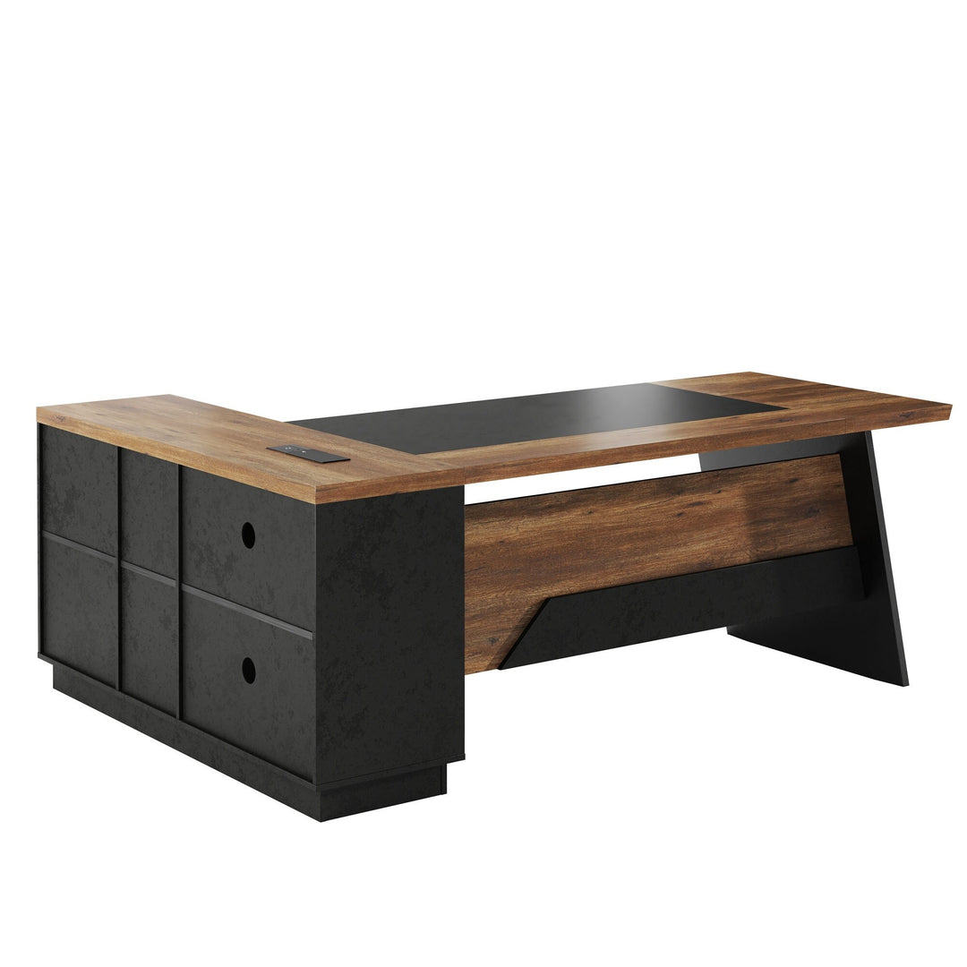 78.74 Inches L-Shape Executive Desk, Industrial Wood Desk with Cabinet Drawer Storage Shelves