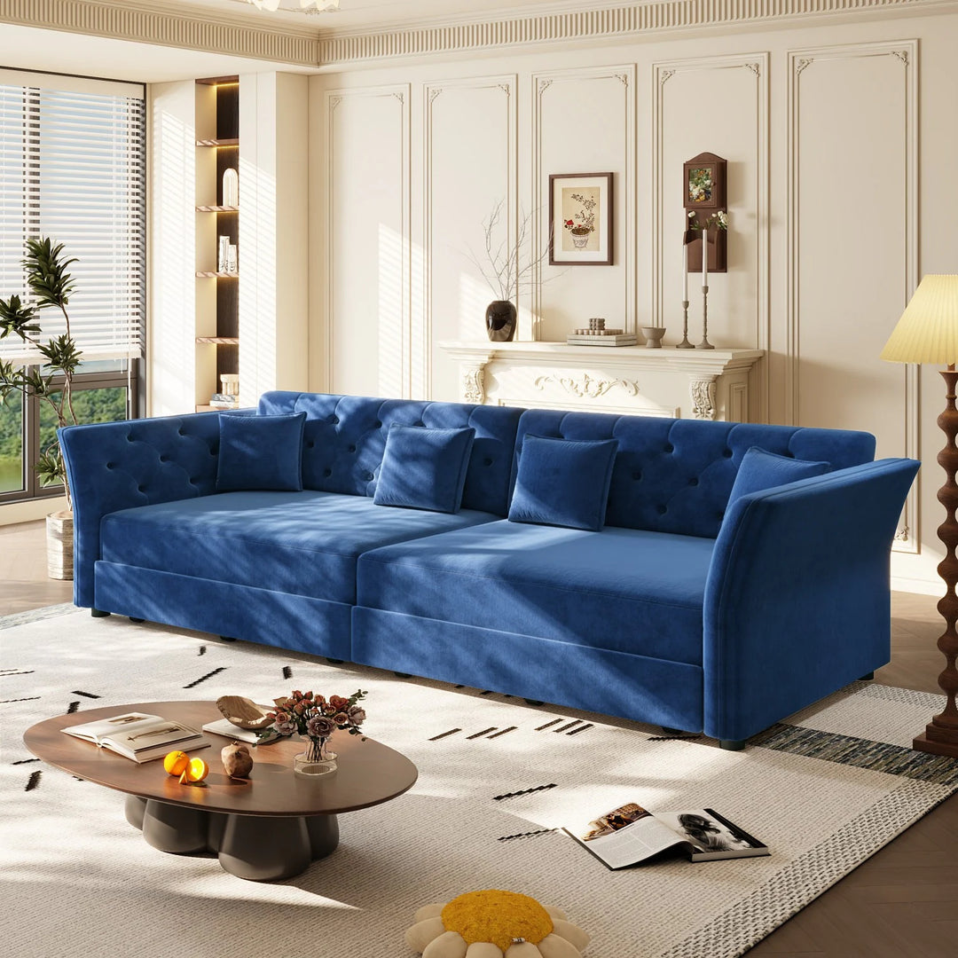 100" Velvet Convertible Sofa Bed with with Fabric Flower Tufted Design
