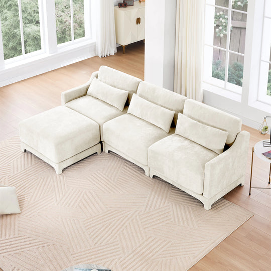 Modern Chenille 4-Seater Sofa with 2 Ottoman, Lumbar Cushions, Ergonomic Backrest, High-Resilience Spongeand Tufted Armrests