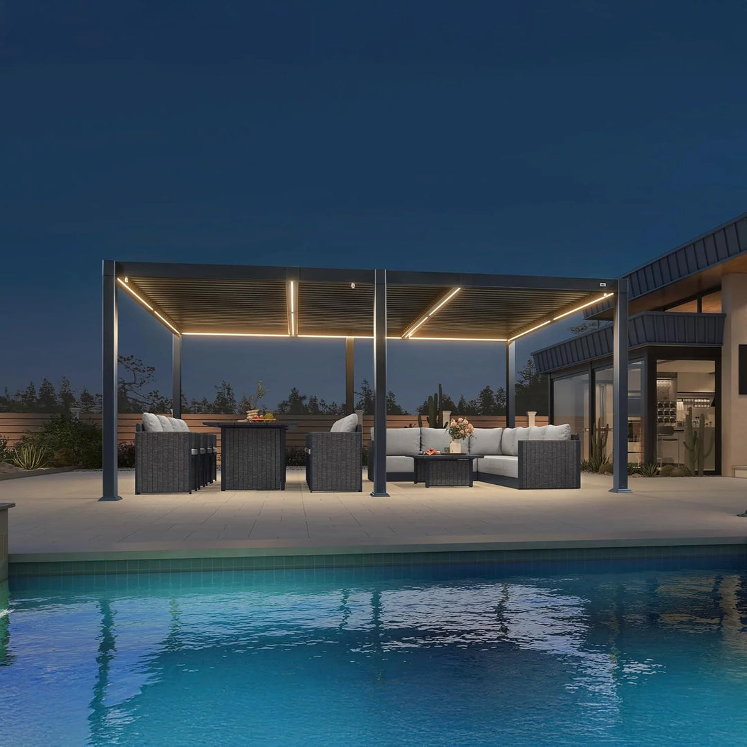 Solar Louvered Pergola with LED String Lights Aluminum Outdoor Pergola with Adjustable Roof for Patio Garden