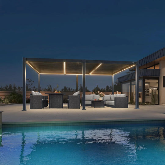 Solar Louvered Pergola with LED String Lights Aluminum Outdoor Pergola with Adjustable Roof for Patio Garden