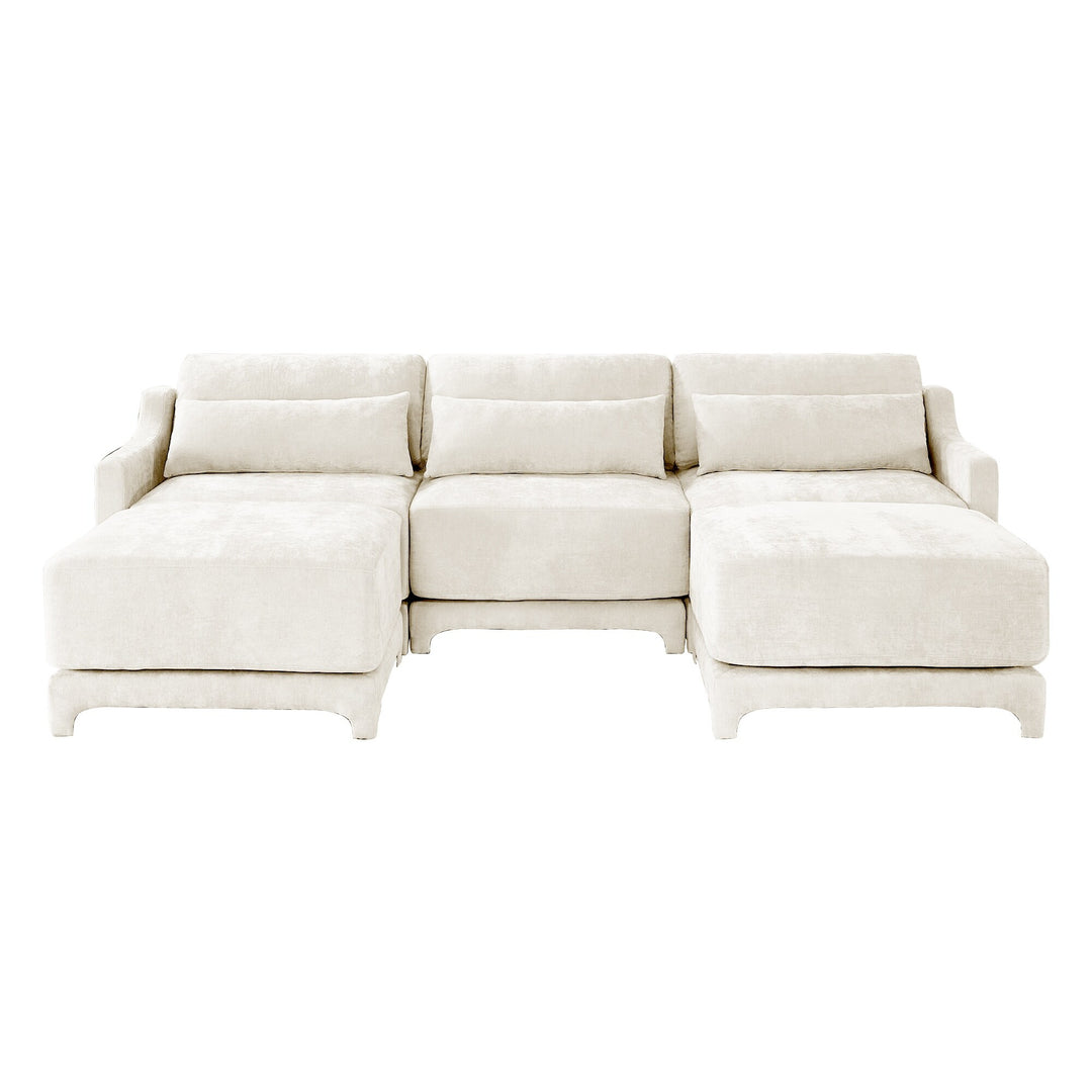 Modern Chenille 4-Seater Sofa with 2 Ottoman, Lumbar Cushions, Ergonomic Backrest, High-Resilience Spongeand Tufted Armrests