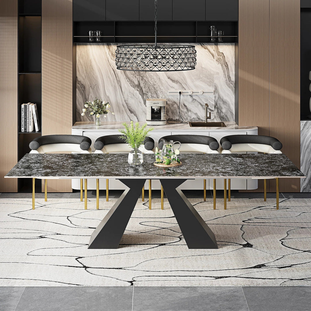 Minimalism Extendable Rectangular Sintered Stone Double Pedestal Dining Table Seat for 8-12 - 110.24"