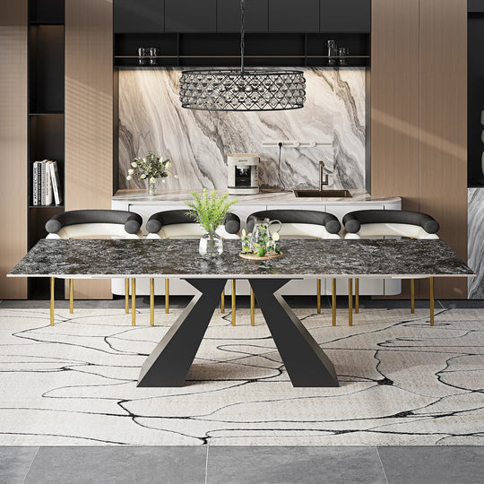 Minimalism Extendable Rectangular Sintered Stone Double Pedestal Dining Table Seat for 8-12 - 110.24"