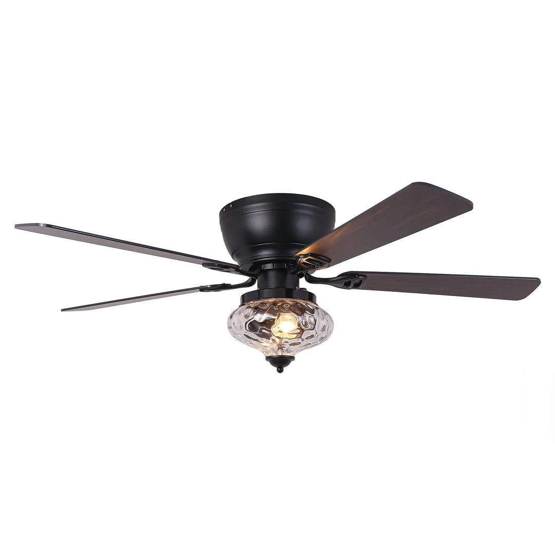52" Modern Matte Black Reversible Flush Mount Ceiling Fan with Light and Remote - 52 In. D X 52 In. W X 14 In. H