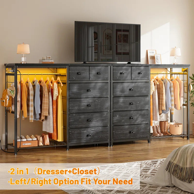 Dresser for Bedroom with Clothes Rack, 6 Drawer Dresser with Shoe Rack, Charging Station & Led Lights