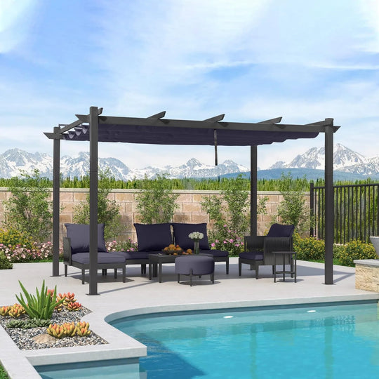 Gazebo Outdoor Retractable White Heavy-Duty Aluminum Pergola with Extra Top Roof