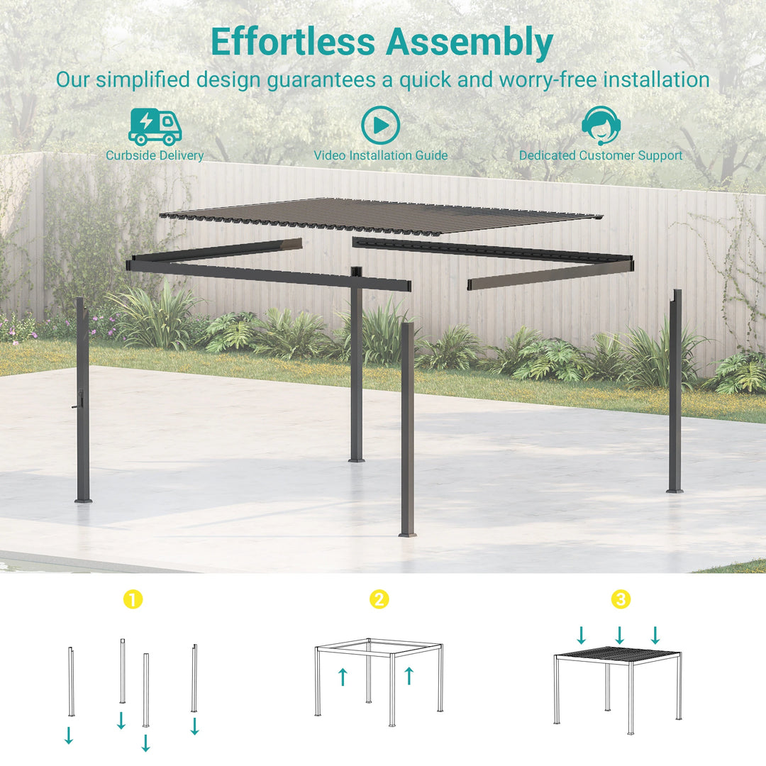 Outdoor Metal Solar LED Louvered Pergola with Adjustable Roof