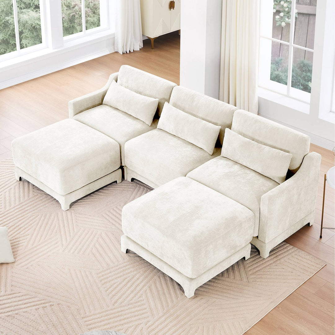 Modern Chenille 4-Seater Sofa with 2 Ottoman, Lumbar Cushions, Ergonomic Backrest, High-Resilience Spongeand Tufted Armrests