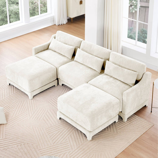 Modern Chenille 4-Seater Sofa with 2 Ottoman, Lumbar Cushions, Ergonomic Backrest, High-Resilience Spongeand Tufted Armrests