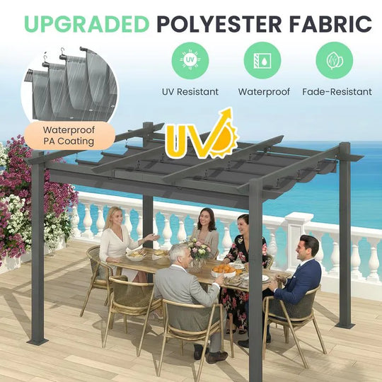 10' X 13' Outdoor Pergola with Retractable Canopy, Heavy-Duty Metal Frame and Adjustable Patio Shade Roof