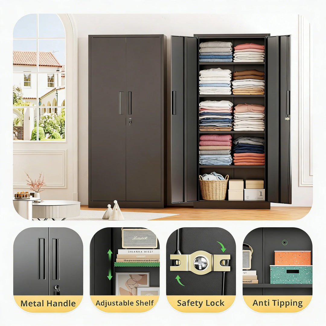 63''-72'' H Large-Capacity Lockable Closet Garage Storage Work Cabinet with Locking Doors and Adjustable Shelves