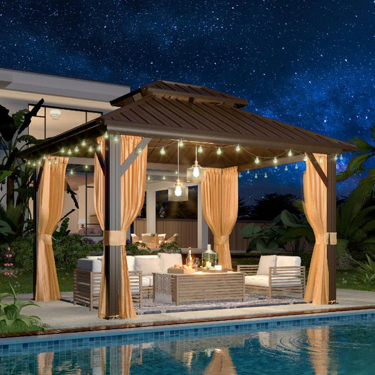 Outdoor Hardtop Gazebo W Galvanized Steel Double Roof & Aluminum Frame, 10'X12' Pergola with Premium Curtains and Nettings