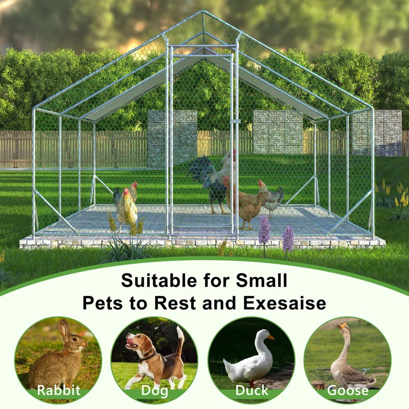 Crellen Metal Chicken Run Coop, Walk-In Poultry Cage with Waterproof & Anti-Uv Cover Lockable Door Design