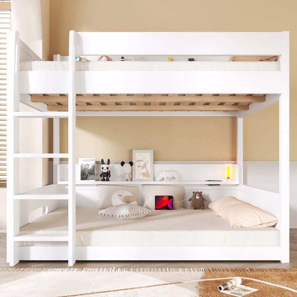 Queen over Queen Bunk Bed with Storage Shelves & USB Ports by