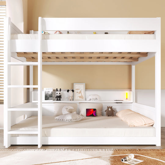 Queen over Queen Bunk Bed with Storage Shelves & USB Ports by