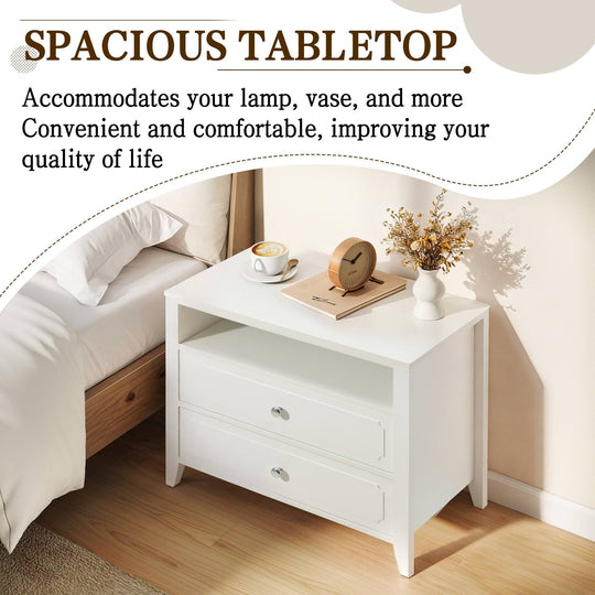 Wide Nightstand – 2‑Drawer Bedside Table with Open Shelf, MDF Wood End Table for Bedroom Living Room