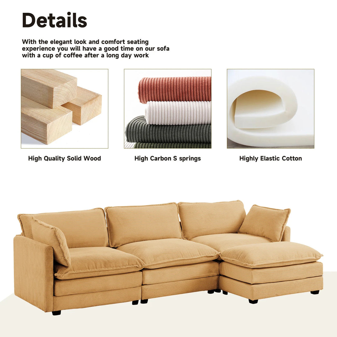 Corduroy Sectional Sofa with Removable Ottomans & Ultra-Soft Cushions for Living Room & Bedroom