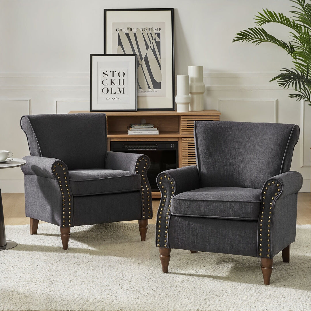 Nyctelius Upholstered Comfy Accent Chair with Turned Wooden Legs and Nailhead Trim Set of 2 by