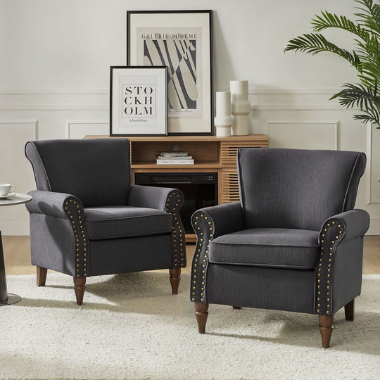 Nyctelius Upholstered Comfy Accent Chair with Turned Wooden Legs and Nailhead Trim Set of 2 by
