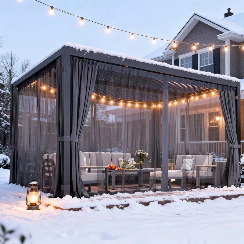 All Weather Pergola with Curtains & Netting, Dark Gray