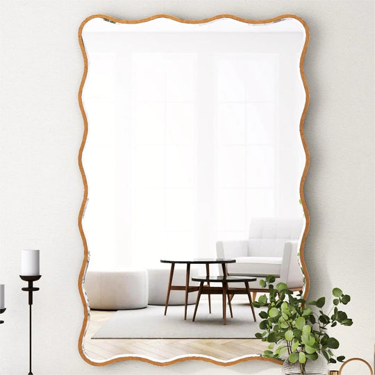 Antique Gold Wall Mirror Rectangle Wave Metal Accent Mirror - 30"×20"