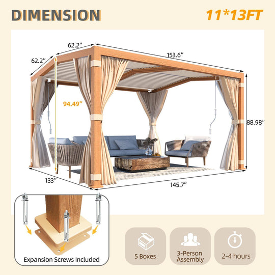 Outdoor Louvered Pergola Gazebo with Adjustable Aluminum Rainproof Roof and Pull-Down Screen