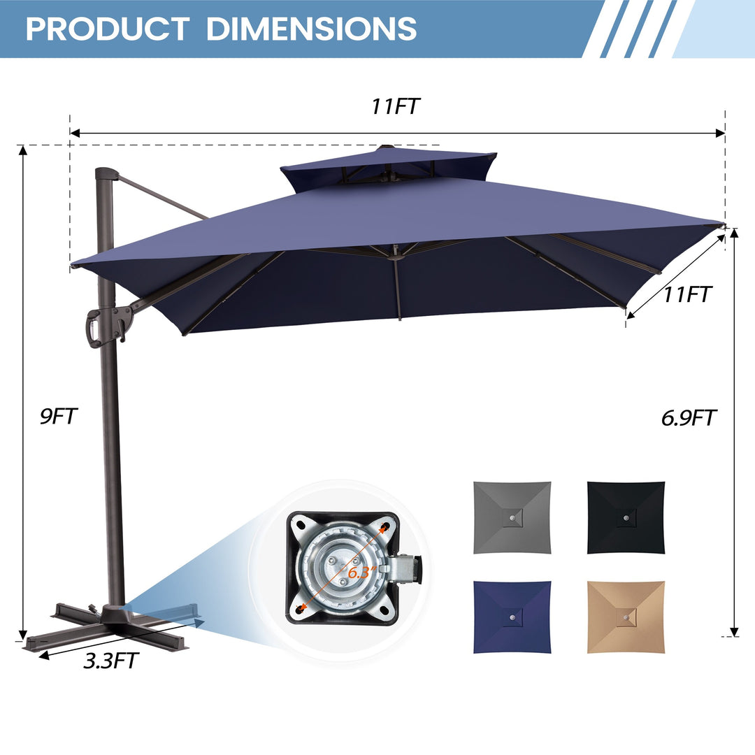 11 X 11 FT Outdoor Square Patio Cantilever Offset Umbrella with Crank and 360 Degrees Rotation