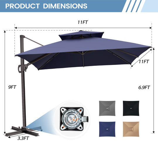 11 X 11 FT Outdoor Square Patio Cantilever Offset Umbrella with Crank and 360 Degrees Rotation