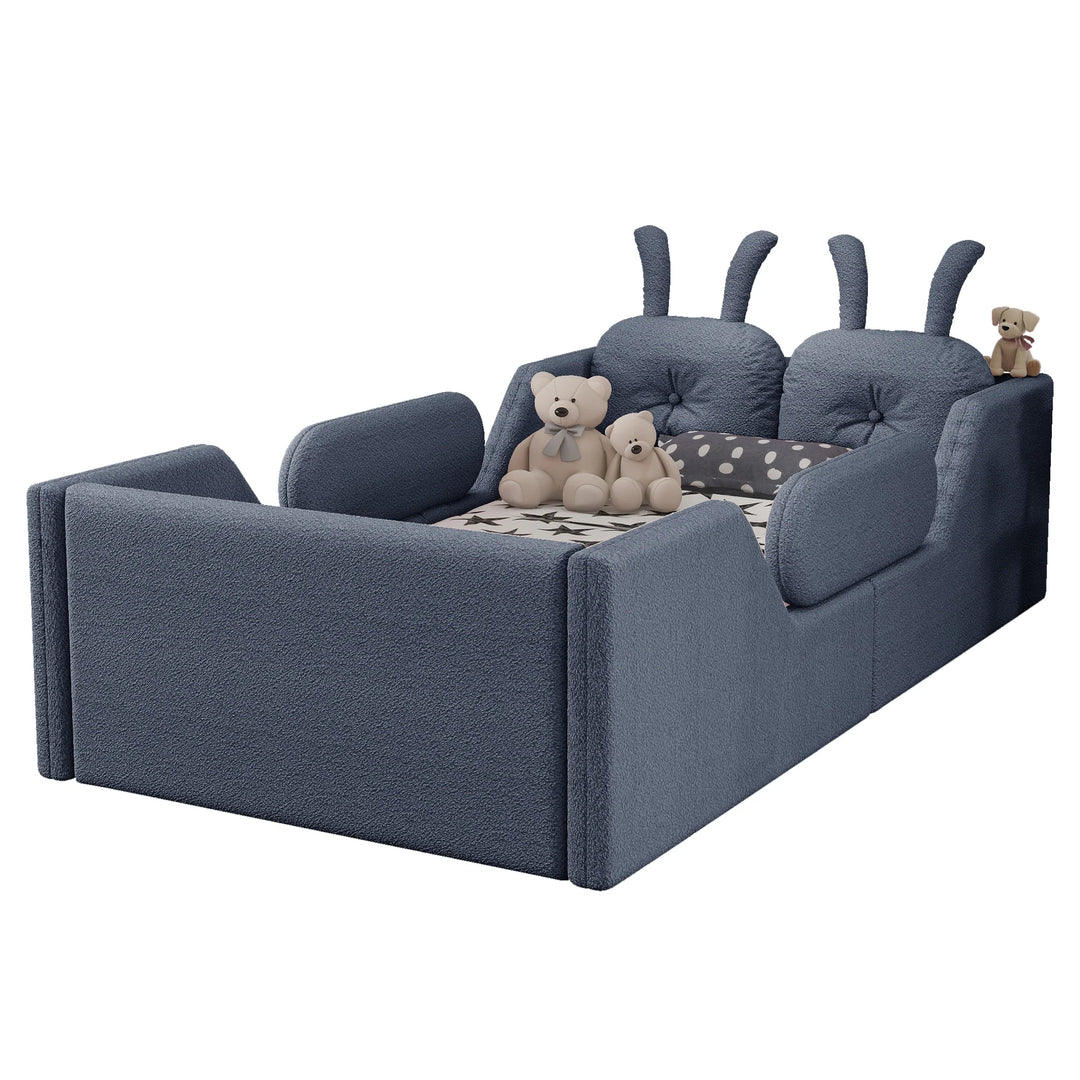 Twin Size Upholstered Platform Bed with Rabbit Cushion, Floor Upholstered Bed with Removable Side Rails