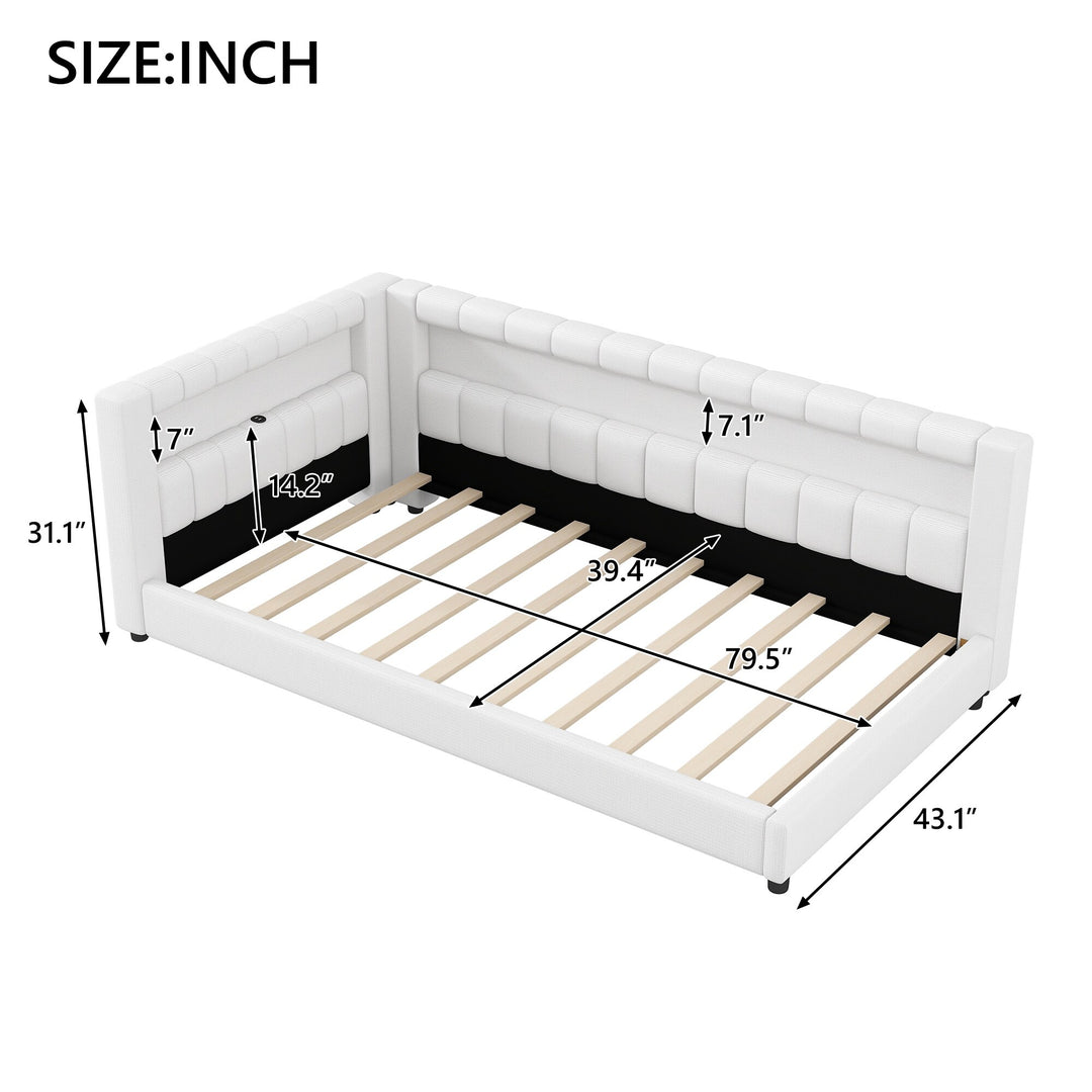 Upholstered Low-Profile Daybed Platform Bed Built-In USB Ports and LED Light Belt, Grounded Design with Padded Backrest