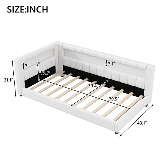 Upholstered Low-Profile Daybed Platform Bed Built-In USB Ports and LED Light Belt, Grounded Design with Padded Backrest