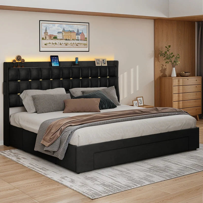 Queen/King Size Velvet Upholstered Bed with Charging Station and Storage Drawers