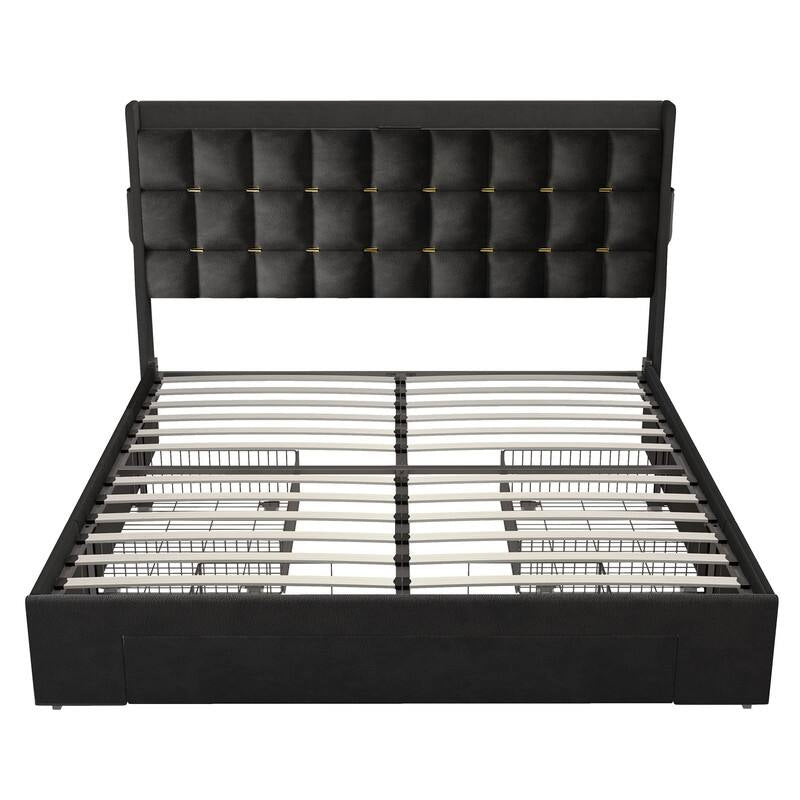 Queen/King Size Velvet Upholstered Bed with Charging Station and Storage Drawers