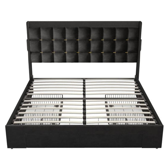 Queen/King Size Velvet Upholstered Bed with Charging Station and Storage Drawers