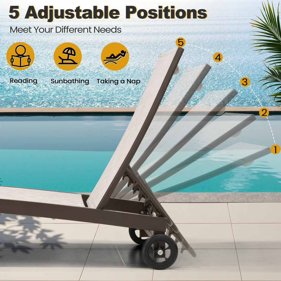 Outdoor Patio Aluminum Adjustable Chaise Lounge Chairs with Wheels