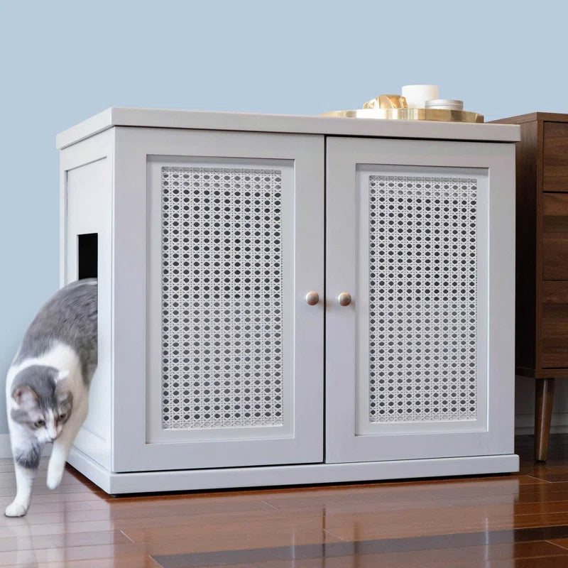 The Refined Litter Box - Wood Cat Litter Box Enclosure Cabinet with Drawer, Cane Style