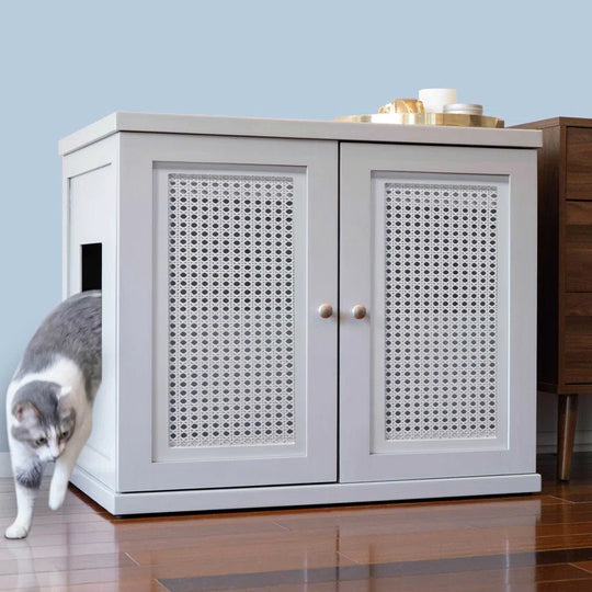 The Refined Litter Box - Wood Cat Litter Box Enclosure Cabinet with Drawer, Cane Style